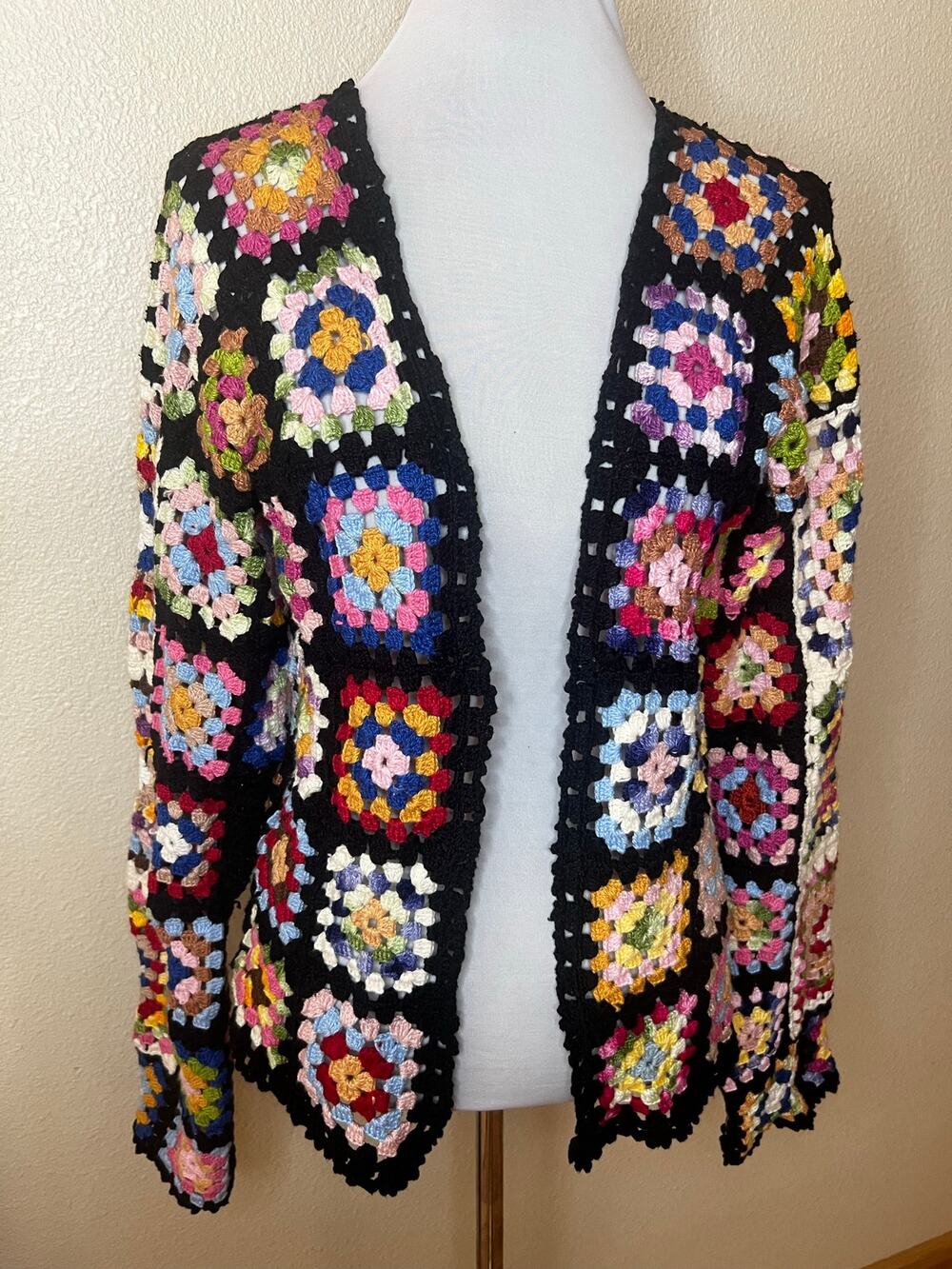 100% handmade crochet black granny square cardigan cottagecore festival SMALL